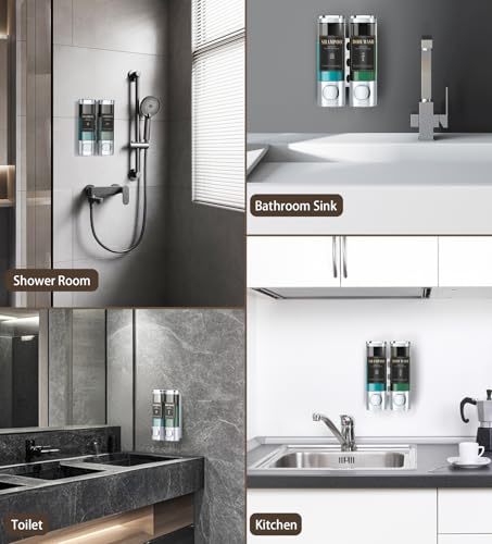 Luxspire Shampoo and Conditioner Dispenser, No Drill Wall Mounted Shower Soap Dispenser 2 Chamber with Waterproof Labels, Easy Refill Soap Dispenser for Bathroom Hotel Kitchen, Silver - color: Silver, size: 2 Chamber