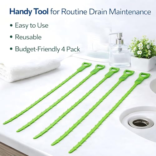 Drain Snake Hair Clog Remover, 4 Pack 20-Inch Flexible Barbed Drain Cleaner for Bathroom Sink, Shower and Bathtub, Reusable Sink Unclogger, Green | Drain Clog Remover
