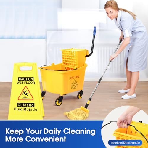 Maxdot 35 Quart Commercial Mop Bucket with Side Press Wringer on Wheels Yellow Industrial Mop and Bucket Set with Caution Sign for Floor Cleaning