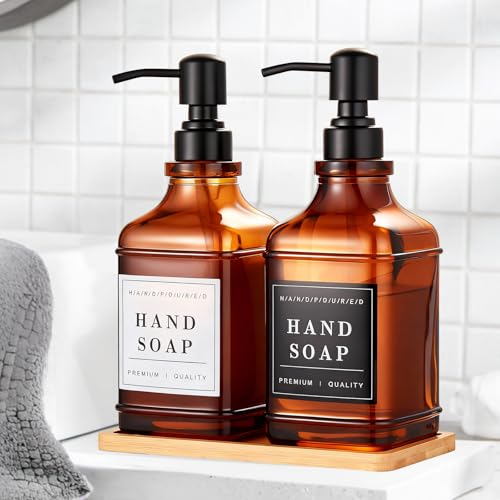Dish and Hand Soap Dispenser for Kitchen, Amber Glass Soap Dispenser with Pump,Tray,Funnel, Set of 2 Countertop Soap and Lotion Dispenser for Bathroom,Shower,500ml/16.9oz, - color: Ks-5070c-28y-2b