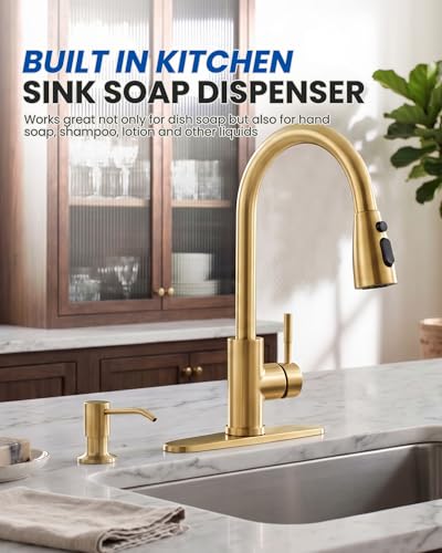 Built in Kitchen Sink Soap Dispenser: Stainless Steel Pump Head with 17 Ounce Large Soap Bottle, Easy Top Refill Design – No Bending Down for Countertop, Brushed Gold - color: Brushed Gold