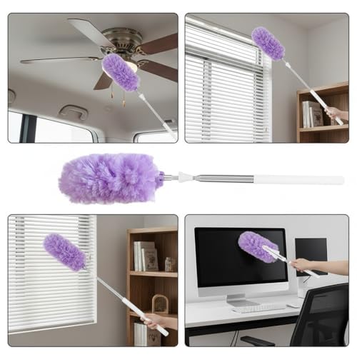 Microfiber Duster for Cleaning, Extendable Pole, Up to 30 Inch Reachable, Cleaning Tools for Car, Ceiling Fan, Window, Furniture, Office(Purple) - color: Purple