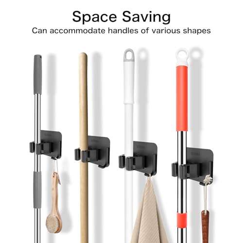 nacena 4 Pack No Drill Self Adhesive Broom Mop Holder Wall Mount with Hooks, Heavy Duty Stainless Steel Organizer for Kitchen Bathroom Garage Storage, Black - color: Matte Black-4 Packs