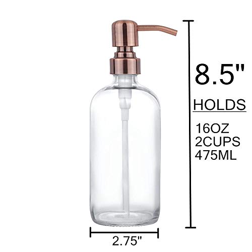 2 Pack Thick Clear Glass Pint Jar Soap Dispenser with Copper Stainless Steel Pump, 16ounce Clear Boston Round Bottles Dispenser with Rustproof Pump for Essential Oil, Lotions Soap - color: Copper