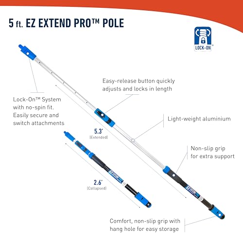 Unger Professional Lock-On EZ Extend Pro Telescopic Pole, Extension 2.6’ to 5.3’, Telescoping Pole for Floor & Surface Cleaning, Use with Lock-On Brushes and Broom Head Cleaning Tools, Indoor/Outdoor