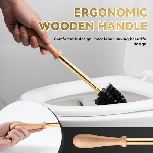Gold Toilet Brush and Holder Set - Wooden & Stainless SteelHandle Gold Toilet Bowl Brush and Holder with Replaceable Head- Dense Bristles for Thorough Cleaning,Duck Design for Bath Decor Storage