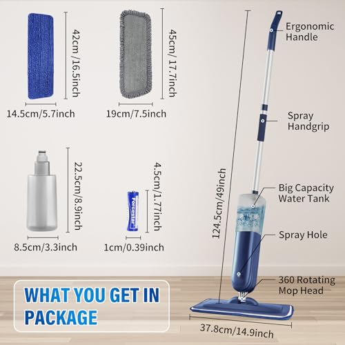 PowerMop Floor Mop with 720 ml Refillable Bottle & 2 Microfiber Pads | Powered wet dry mop for kitchen, wood, hardwood, laminate, ceramic tile floors, with washable pads and refillable bottle