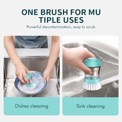 Soap Dispensing Palm Brush – Ergonomic Scrub Brush with Handle – Heavy-Duty Dish Scrubber with Soap Dispenser - Scrub Brushes for Cleaning with Push Button Soap Dispensing-Tiffany Blue