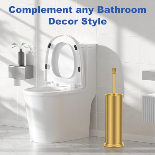 Toilet Brush and Holder Set:304 Stainless Steel Heavy Duty Toilet Bowl Brush,Removable Inner Bowl and Splash Protection,Bathroom Toilet Brush-Dense Bristles for Through Cleaning - color: Gold