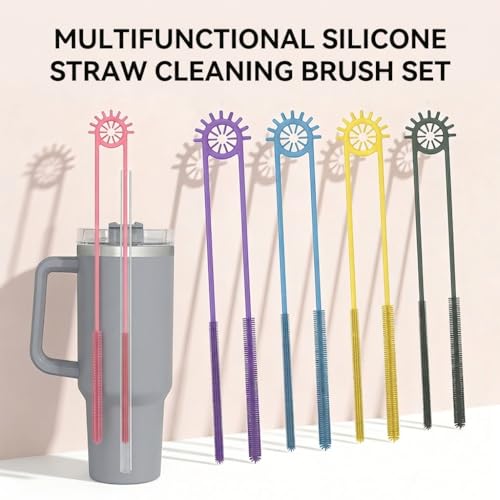 2-in-1 Dual-Ended Silicone Straw Cleaner Brush, Extra Long Reusable Straw Brush for Narrow Metal & Wide Smoothie Straws, Soft Bendable Cleaning Tool for Tumblers, 6mm + 9mm, Pink