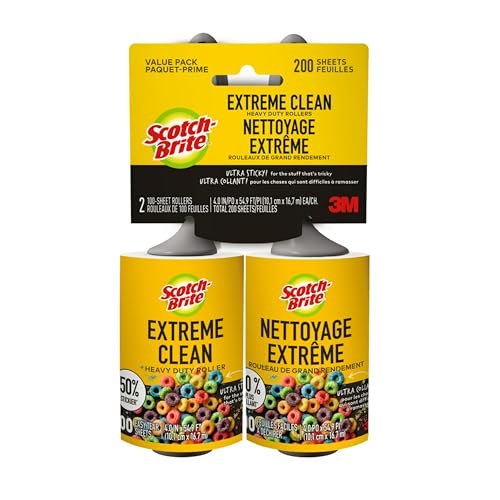 Scotch-Brite Extreme Clean Lint Roller, 50% Stickier, Heavy Duty Pet Hair and Debris Remover, 4 in x 54.9 ft Each, 4 Pack, 400 Easy Tear Sheets Total
