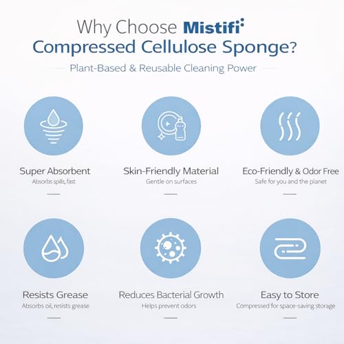 Mistifi Compressed Cellulose Sponges, Natural Plant-Based Kitchen Sponges, Super Absorbent Non-Scratch Cleaning Sponge for Dishes, Counters, Bathroom & More–Reusable Dish Sponges (12 Pack)