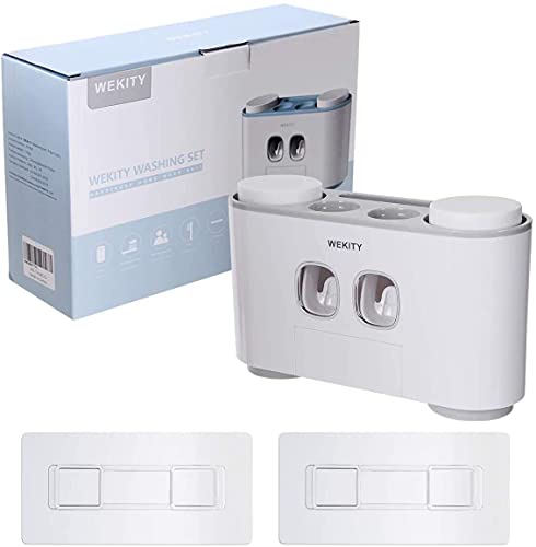 Toothbrush Holder WREWING Multi-Function Wall-Mounted Automatic Toothpaste Dispenser and Dust-Proof Toothbrush Holder with 5 Brush Slots 4 Cups 2 Automatic Toothpaste Dispensers 1 Storage Slot (Grey) - color: Grey