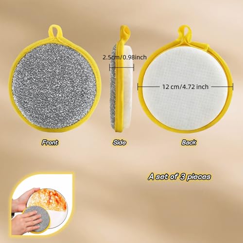 Double Sided Kitchen Sponges for Dishes, Round Scrubbing Pads with Steel Wire Nylon and High Elasticity Sponge, Non Scratch Cleaning Pads with Hanging Loop for Dishes, Pots, Sinks & Bathroom