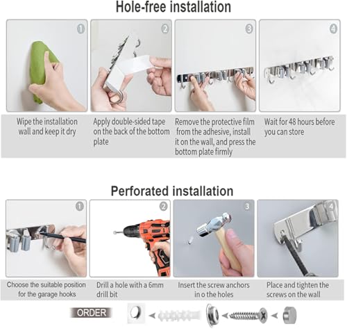 Broom and Mop Holder Wall Mounted, Broom Hanger Storage Rack, Stainless Steel Mop Hanger, Dustpan Holders with 2 Racks and 3 Hooks, Heavy Duty utility hooks for hanging brooms and mops (1Pcs)