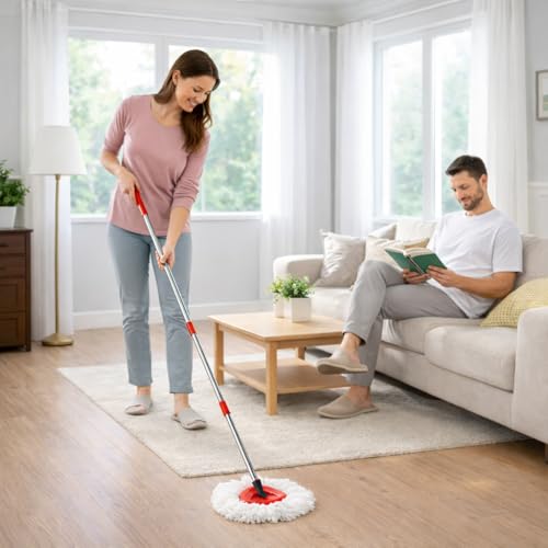 Replacement Head Spin Mop Refills Compatible with O Cedar EasyWring 1-Tank (1 Mop Handle & 3 Mop Head & 1 Scrubber & 1 Base) - size: 1 Mop Handle & 3 Mop Head & 1 Scrubber & 1 Base