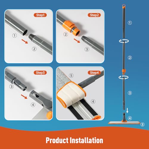 CLEANHOME Microfiber Mop Floor Dust Mop with Extendable Long Handle, Flat Mop with 4 Reusable Pads and 1 Dirt Removal Scrubber, Suitable for Home Kitchen Bathroom Living Room Cleaning | Telescopic Aluminum Flat Mop with Dust, Polish & Wet Wash Functions,&