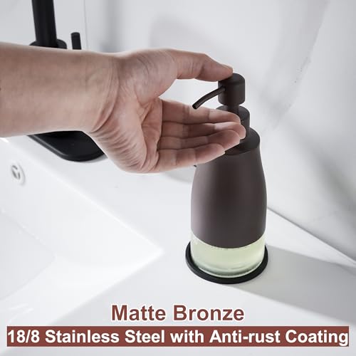 Gaussra Matte Brown Soap Dispenser with Coaster and Stickers, Stainless Steel and Glass Bottle Hand Pump Dispenser, Refillable Liquid Hand Soap Dispenser for Bathroom & Kitchen (11OZ / 320ML) - color: Matte Brown