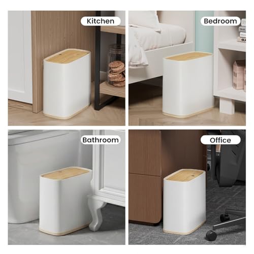 Bathroom Trash Can, 2.1 Gallon Small Slim Garbage Can with Lid and Wheels, Air-Press Bag Expander & Inner Bucket, White Plastic Waste Basket Dog Proof for Kitchen, Office, Bedroom, Garbage Trash Bin - color: White and Wood Grain, size: 8L/2.1Gal