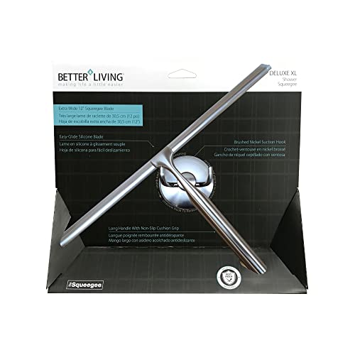 Better Living Deluxe XL Shower Squeegee, Multi-Purpose Silicone Squeegee Blade with Storage Hook, Rust-Proof Heavy Duty Window, Glass, Shower Scrubber, Windshield Wiper, 12", Brushed Nickel - color: Brushed Nickel, size: 12 Inch