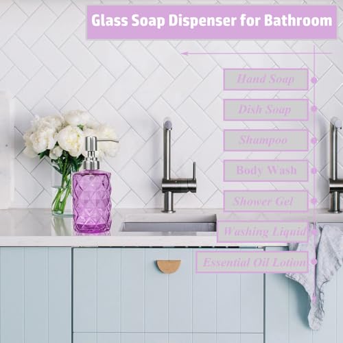 12Oz Purple Glass Soap Dispenser with Stainless Steel Pump, Refillable Kitchen Liquid Hand Soap Dispenser with Diamond Design, for Dispense Hand soap, Dish Soap, Lotion, Bathroom, Countertop, Hotel - color: Purple Diamond