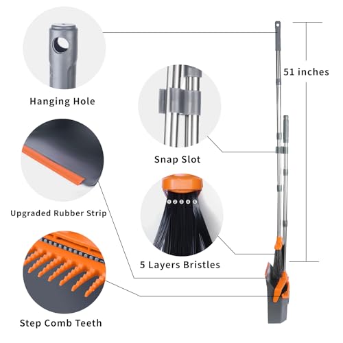Tiumso Broom and Dustpan Set with 51'' Long Handle, Upright Broom and Dustpan Combo for Home Kitchen Office Restaurant Garage Lobby Dog Cat Pets Hair - Grey and Orange - color: Orange and Grey