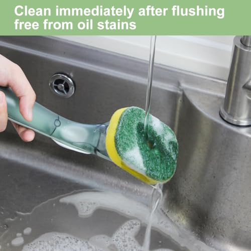 CQT Soap Dispensing Dish Brush Storage Set, Dish Scrubber with Handle, Kitchen Washing Brush for Pot Pan Sink Cleaning, Kitchen Brush with Holder and 1 Replaced Scouring Pad Head - color: Gray