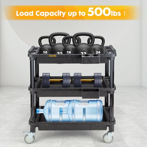 ELAFROS Multi-Use Utility Cart - 32.4x18.3 Heavy-Duty Service Cart with 3 Deep Shelves, Industrial-Grade Tool Cart Mobile Organizer, Rolling cart Holds up to 500 lbs, Black - style: Standard