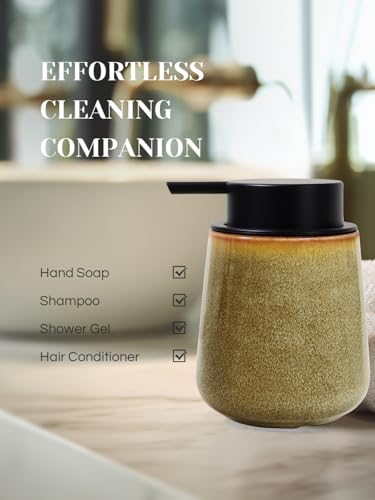 INGOFIN Ceramic Foaming Soap Dispenser - 12 oz Refillable Foam Hand Soap Dispenser Bathroom, Modern Dish Dispenser Pump for Kitchen,Kiln-Glazed Earthy Greenish-Brown - color: Kiln-glazed Greenish-brown-foam