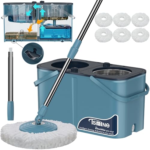 Spin Mop for Large Homes & Big Floor Cleaning, Clean & Dirty Water Separation Mop Bucket for Family & Pet Homes,4-Chamber System, Glide Wheels, Safe for Hardwood & Tile, Adjustable Handle, 6 Mop Heads - size: Blue/Grey+6 Mop Heads