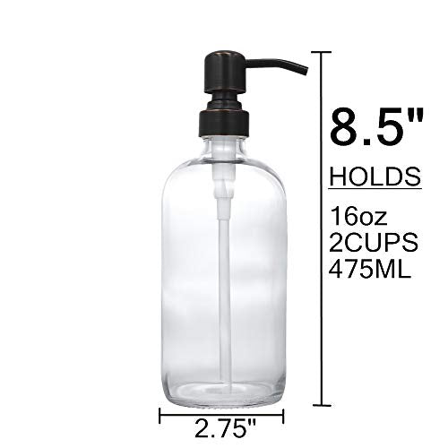 2 Pack Thick Clear Glass Boston Round Bottles /Oil Rubbed Bronze Stainless Steel Pumps, 16 Ounce Jar Soap Dispenser with Rustproof Pump for Essential Oil, Liquid Soap - color: Black and Clear