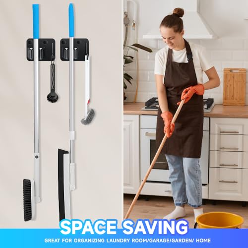 JAMEND CLXP 2-Pack Broom Holder with Heavy Duty Hooks, Upgraded Stainless Steel Mop Hanger. Wall Mount Utility Tool Rack for Kitchen Garden Laundry Garage. Matte Black.