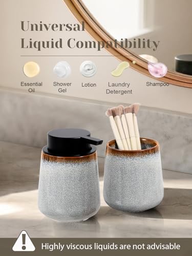 INGOFIN Ceramic Lotion Dispenser - 12 oz Refillable Hand Soap Dispenser Bathroom, Modern Liquid Dispenser with Pump, Dish Soap Dispenser for Kitchen, Kiln-Glazed Grey White - color: Kiln-glazed Grey White-liquid