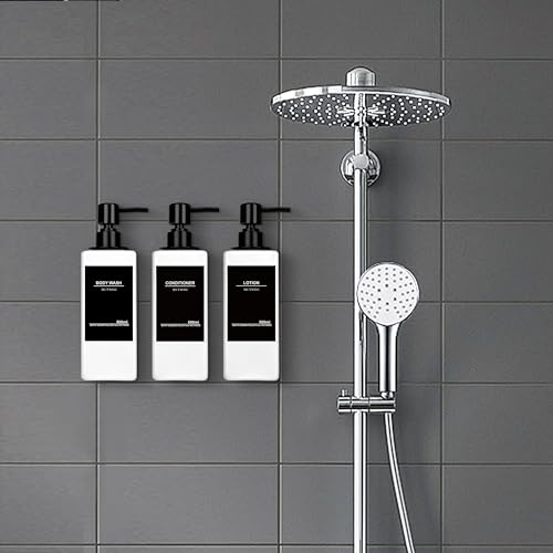 Shampoo Dispenser for Shower Wall, Shampoo and Conditioner Dispenser with 16 Waterproof Labels, No Drill Shower Soap Dispenser Bathroom, Shower Soap Dispenser Wall Mounted 3 Chamber, 17oz,White - color: White Bottle + Black Pump