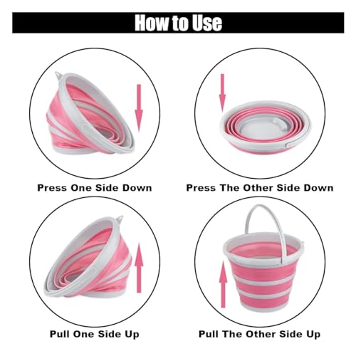 GLSOWEE Car Collapsible Bucket, 10L 2.6 Gallon Folding Bucket Auto Cleaning Plastic Water Bucket, Foldable Portable Bucket Space Saving for Indoor Outdoor Car Wash Garden Camping (Pink)