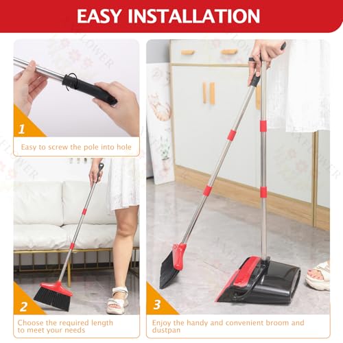 Broom and Dustpan Set with Long Handle, Light Weight Stainless Steel Poles Stand Upright Dustpans with Broom Combo for Home Kitchen Office Pet Dog Hair, Black & Red Color, 1-Pack - color: Red Black