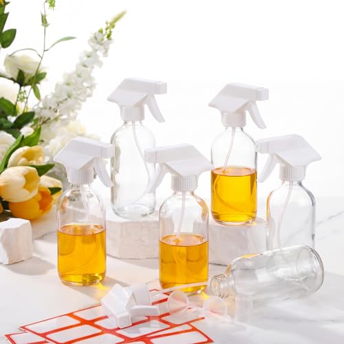 Norme 24 Pcs Glass Spray Bottles with Funnels and Labels 8 oz Refillable Cosmetic Empty Spray Containers with Trigger Squirt Containers for Essential Oil Cleaning Solutions (Transparent) - color: Transparent