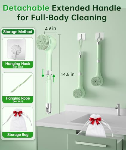 Electric Body Brush Back Scrubber for Shower, Waterproof Long Handle Power Auto Body Scrubber with 5 Heads, 3-Speed Rechargeable Bath Brush for Women, Men, Deep Cleansing, Exfoliating, Massage Skin - color: Green