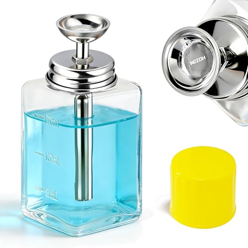 6oz / 180ml Glass Dispenser, Push Down Acetone Pump Alcohol Dispenser with Metal Cover, Nail Polish Remover Liquid Pump Square Bottle Hand Pumping Rubbing Press Container