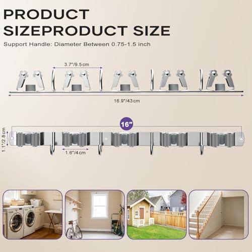 Broom Mop Holder Wall Mount, Heavy Duty Stainless Steel Mop Organizer with 5 Clamps and 4 Hooks, Wall Mounted Cleaning Tool Storage Rack for Home, Garage, Laundry Room and Garden