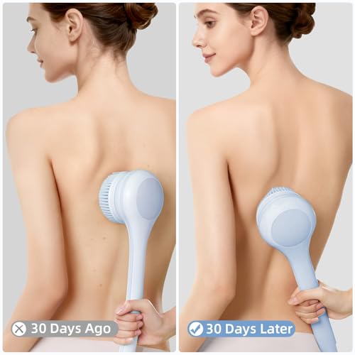 Electric Body Brush Back Scrubber for Shower, Waterproof Long Dual Handle Power Body Scrubber with 3 Heads, Bath Brush & 2 Speeds, for Cleansing, Exfoliating and Massaging Skin, Sky Blue