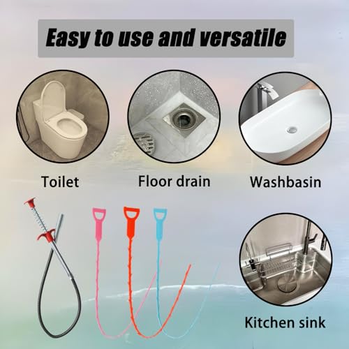 3Pcs Drain Clog Remover (Orange/Blue/Pink) and 1Pcs Four Claws Hair Catcher Drain Snake Cleaner Tool, Effective Hair Clog Remover for Toilet/Kitchen Sink/Bathroom Tub - color: Orange Blue Pink