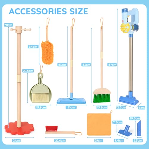 Dreamon Wooden Toddler Cleaning Set - 11Pcs Kids Cleaning Toy Set with 3-in-1 Kids Vacuum that Really Works, Montessori Cleaning Toys with Broom and Mop Set for Toddlers Girls Boys Age 3-6
