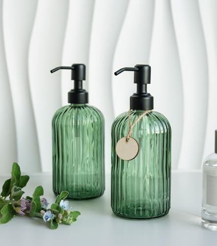 JASAI 18Oz Green Glass Soap Dispenser with Black Rust Proof Pump, Refillable Bathroom soap Dispenser with Thick Glass, Soap Dispenser Bathroom for Kitchen Dish soap, Hand Soap, Lotion, Body Wash. - color: Forest Green (Black Pump)