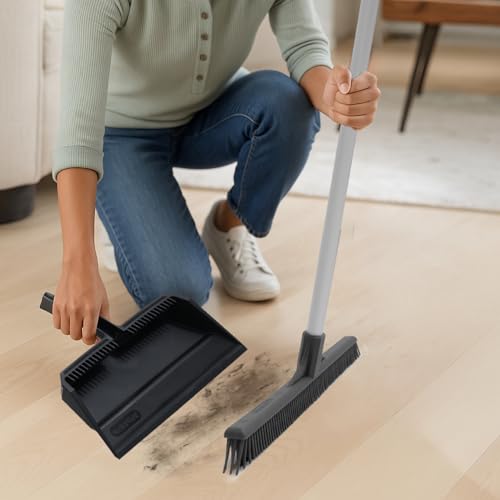 Superio 16 Silicone Pet Hair Remover Broom & 16 Dustpan with Comb, Rubber Lip & Clip - Carpet Rake Floor Cleaning Set for Carpet, Hardwood & Tile - Removes Fur, Dust & Debris - size: Broom with Dustpan