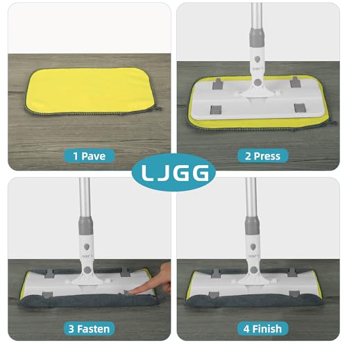 Reusable Microfiber Flat Mop for Floor Cleaning, 10.8 in (27.5 cm) Aluminum Base with 52 in Aluminum Handle, Includes 4 Washable Pads for Wet & Dry Use – LJGG (Gray/Yellow) - size: 10.8" Head, 52" Handle