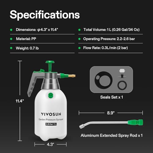 VIVOSUN Handheld Garden Sprayer, 1L Pump Sprayer, 34oz Water Spray Bottle with Safety Valve, Adjustable Nozzle, Extended Spray Rod & Additional Seals, Ideal for Watering, Fertilizing, Cleaning - size: 34 ounce