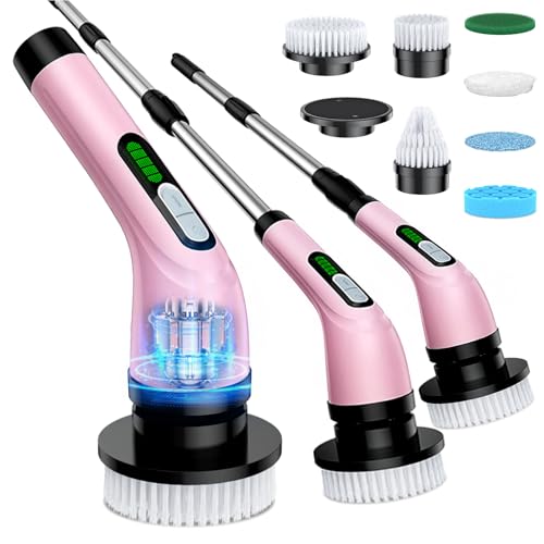 Highyes Electric Spin Scrubber for Bathroom | IPX7 Waterproof Shower Scrubber with Extendable Long Handle,Bathroom Cleaning Scrubber with 7 Reusable Brush Heads - color: Pink