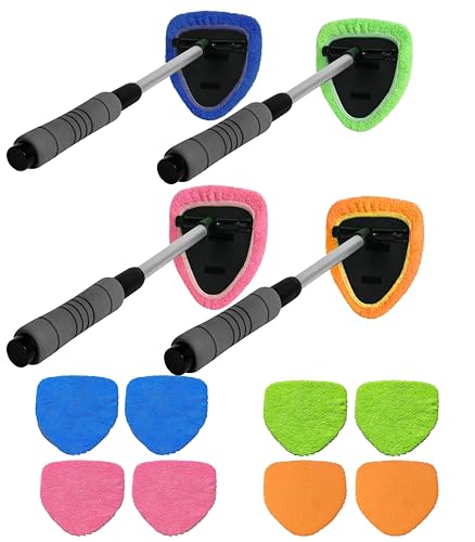 Car Windshield Cleaner Tool with Reusable Microfiber Pads Extendable Handle (1, Orange) - color: Orange