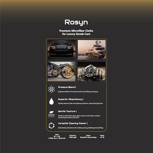 Rosyn Premium 420 GSM Microfiber Cloth Black 16x16 Inches - Luxury Scratch-Free Detailing Towel for Cars, Yachts, Boats & Watches - Ultra Soft, Lint-Free, Highly Absorbent (Large, 12, Count) - size: Pack of 12